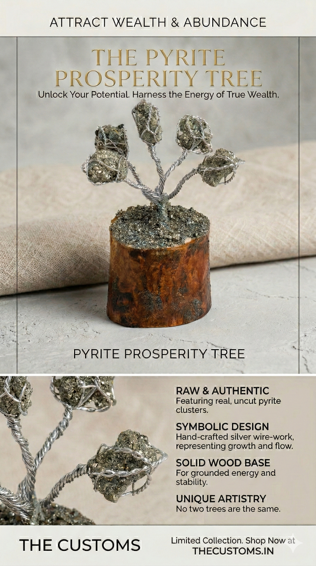Raw Pyrite Money Tree (5 Beads)- Feng Shui Gemstone Tree for Wealth & Abundance