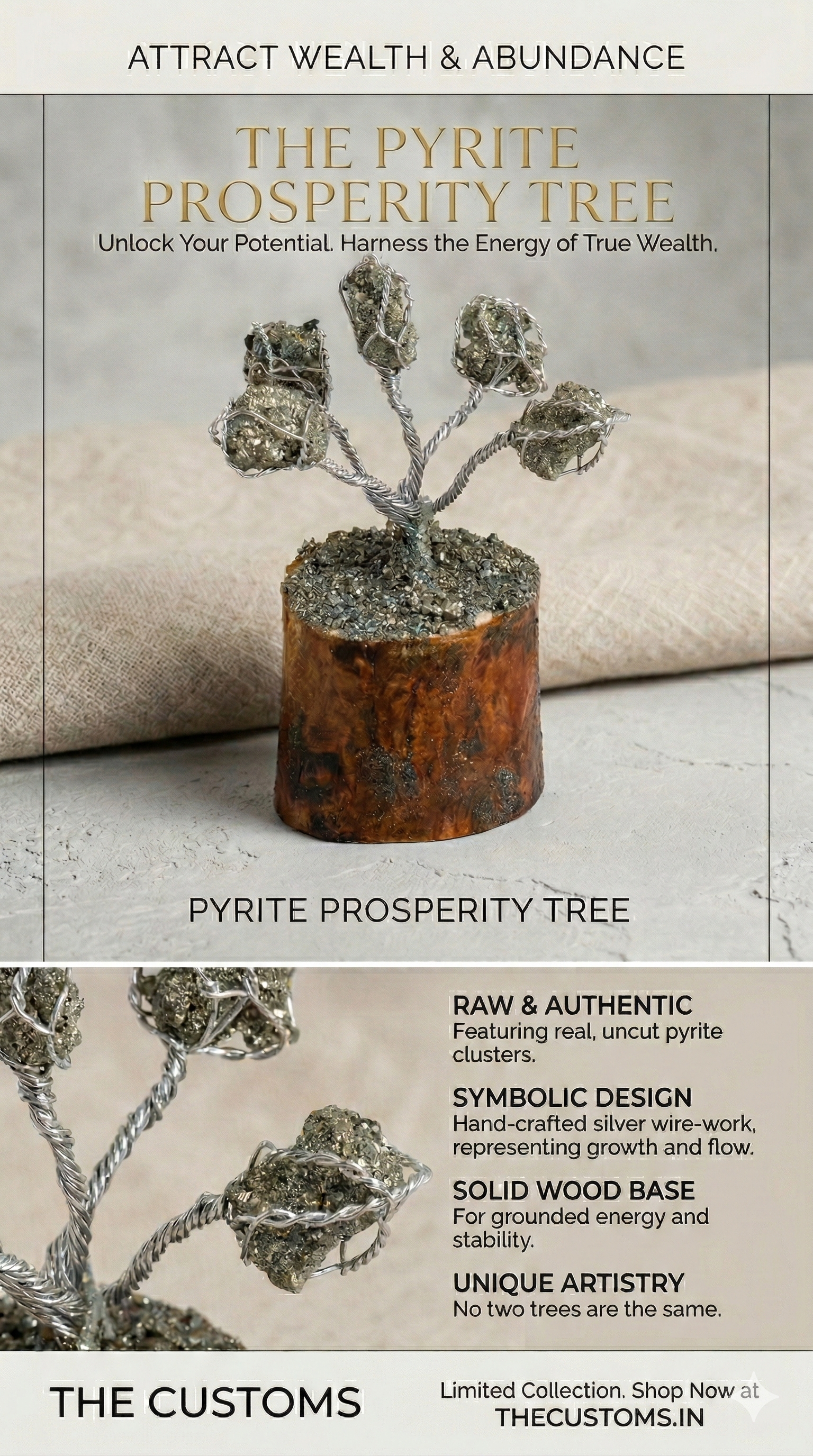 Raw Pyrite Money Tree (5 Beads)- Feng Shui Gemstone Tree for Wealth & Abundance